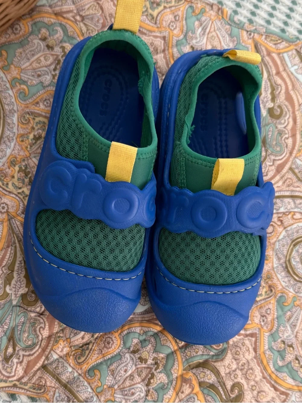CROCS Kids Blue & Green Athletic Water Shoes with Yellow Pull Tabs Size 12